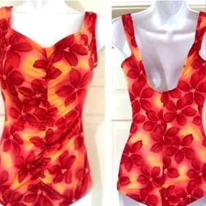 Le Cove One Piece Swimsuit 18 Full Coverage Women Red Orange Floral Bathing Suit
